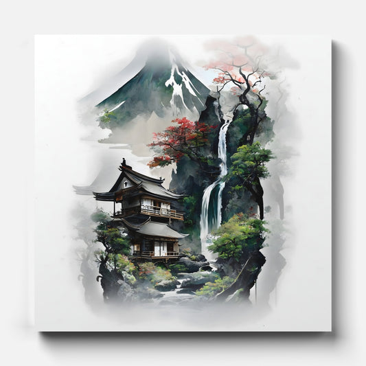 Japanese House Canvas Art: Mountain Waterfall Landscape Wall Decor