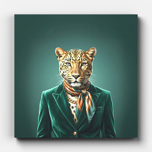 Leopard In Tailored Emerald Velvet Blazer Canvas Wall Art | Bold & Chic Decor | Animal Art, Fashion Illustration, Modern Art