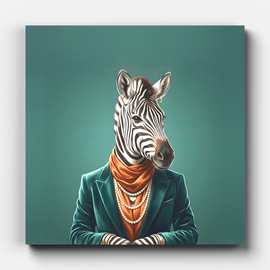 Zebra Wearing Pearls Canvas Wall Art | Chic Home Decor | Colorful Animal Print, Silk Scarf, Modern Art, Unique Gift