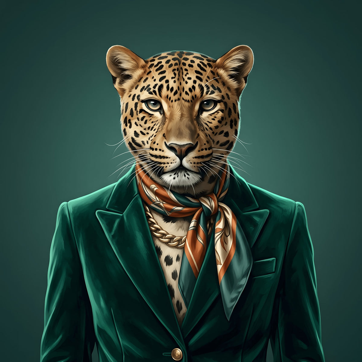 Leopard In Tailored Emerald Velvet Blazer Canvas Wall Art | Bold & Chic Decor | Animal Art, Fashion Illustration, Modern Art