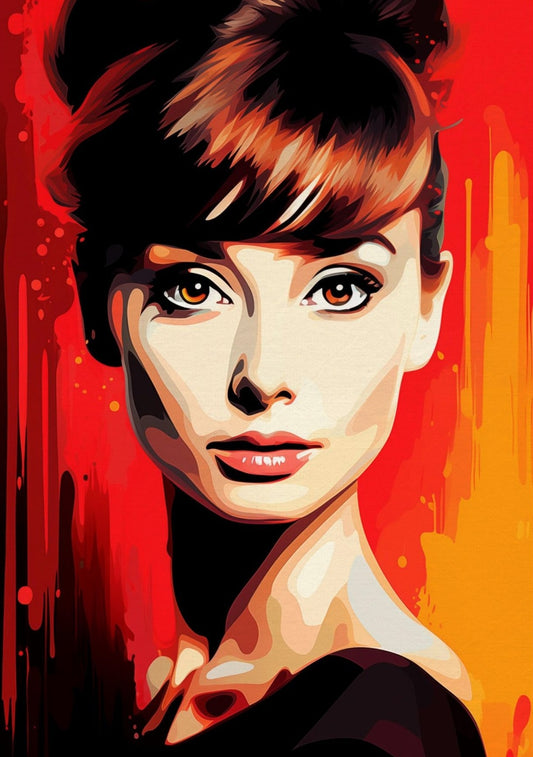 Audrey Hepburn Watercolor Portrait – Red & Orange Background, Iconic Wall Decor