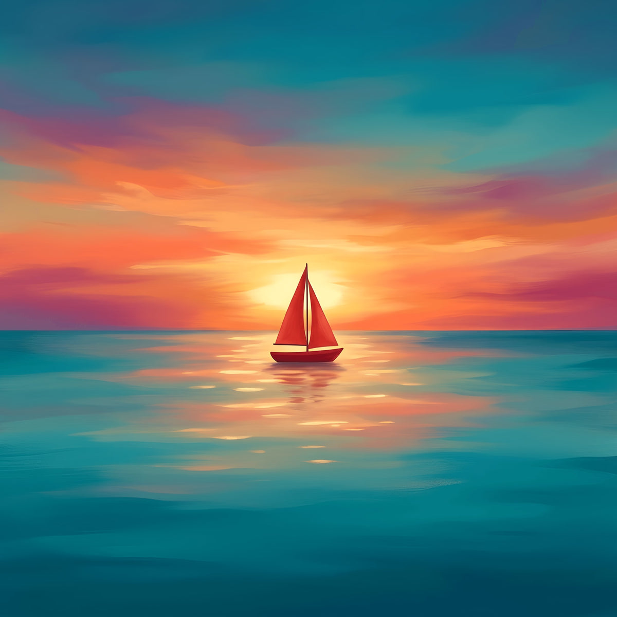 Small Red Sailboat Art Print | Tranquil Teal Sunset Canvas Wall Art | Serene Home Decor, Nautical Theme, Coastal Vibes