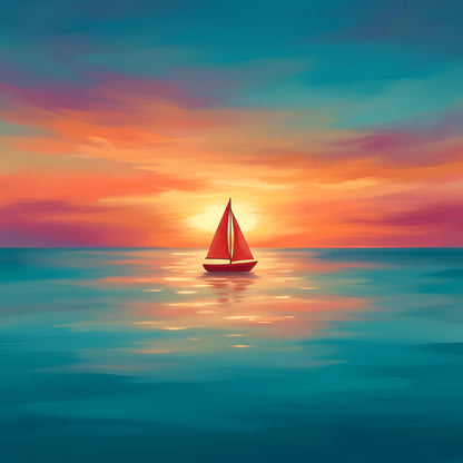 Small Red Sailboat Art Print | Tranquil Teal Sunset Canvas Wall Art | Serene Home Decor, Nautical Theme, Coastal Vibes