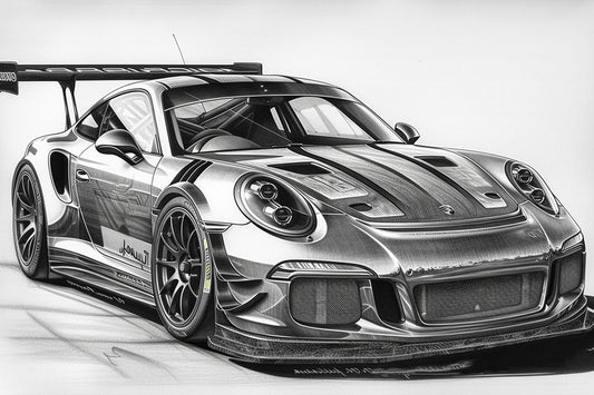 Porsche 911 GTR Sketch – Grayscale Pencil Art on Premium Matte Paper