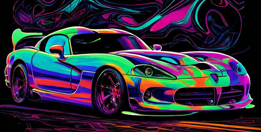 Dodge Viper Canvas Art – Neon Abstract Colors, Luxury Car Wall Decor for Home