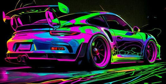 Porsche 911 Canvas Art – Neon Abstract Style, Sporty Rear Spoiler Design