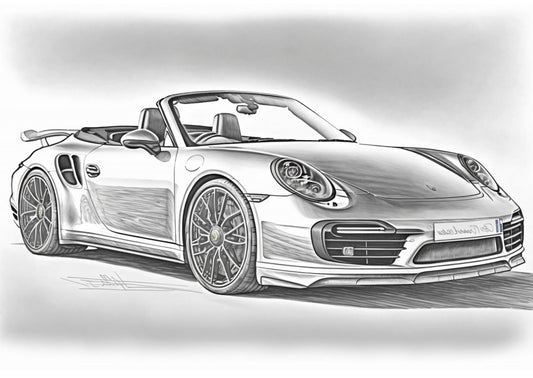 Porsche 911 Turbo S Cabriolet Sketch – Grayscale Pencil Art, Wall Decor