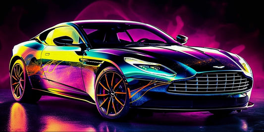 Aston Martin DB11 Canvas Art – Neon Abstract Colors, Luxury Car Wall Decor