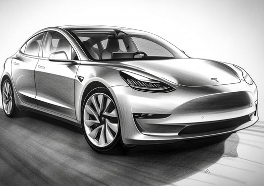 Tesla Model 3 Pencil Sketch – Grayscale Art, Monochrome Wall Décor