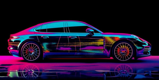 Porsche Panamera Canvas Art – Neon Abstract Colors, Luxury Sports Car Decor