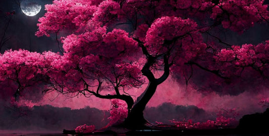 Cherry Blossom Lake Canvas: Japanese Moonlight Wall Art
