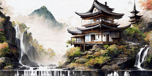 Japanese Mountain House Canvas Art: Island Waterfalls, Tranquil Lake