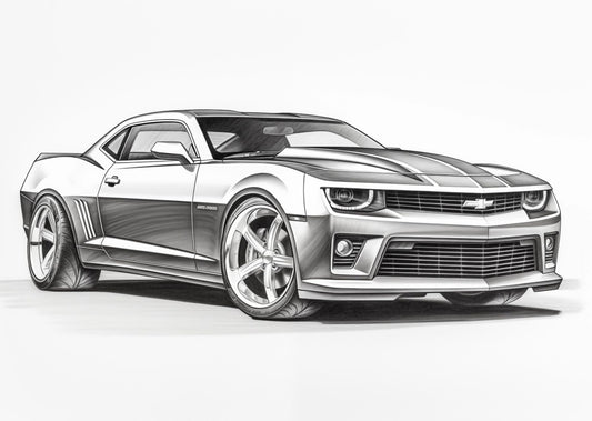 Chevy Camaro Front View Sketch – Grayscale Pencil Art, Classic Muscle Car Fans