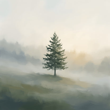Lone Pine Tree Art | Serene Landscape Canvas Wall Art | Morning Fog Decor | Nature-Inspired Home Decor, Tranquil Atmosphere
