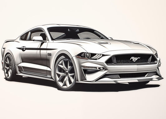 Ford Mustang GT Pencil Sketch – Matte Paper, Vintage Car Decor, Ideal for Fans