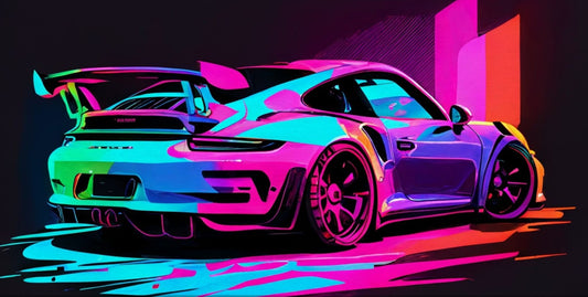 Porsche 911 GT3 RS Canvas Art – Neon Abstract Colors, Sporty Rear Spoiler