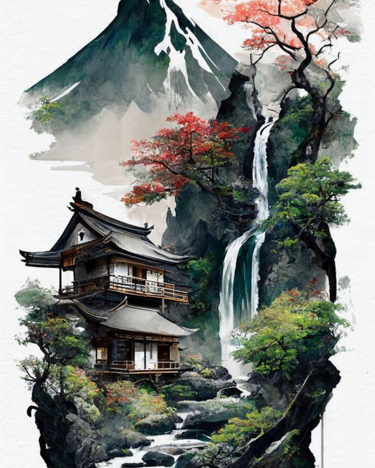 Japanese House Canvas Art: Mountain Waterfall Landscape Wall Decor