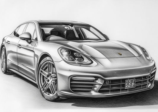 Porsche Panamera Sketch – Grayscale Art on Matte Paper, Ready-to-Frame Poster