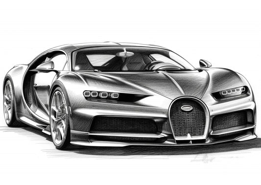 Bugatti Chiron Front View Sketch – Detailed Monochrome Art, Grayscale Wall Décor