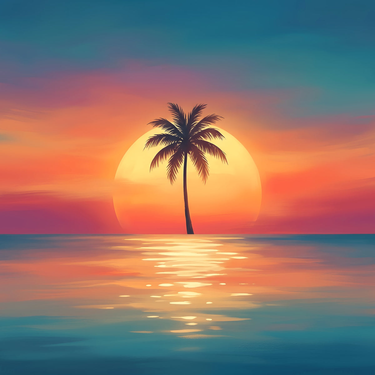 Lone Palm Tree Sunset Canvas Art | Tranquil Ocean View | Tropical Wall Art, Nature Decor, Beach Home Decor, Sunset Artwork