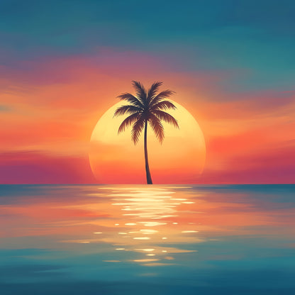 Lone Palm Tree Sunset Canvas Art | Tranquil Ocean View | Tropical Wall Art, Nature Decor, Beach Home Decor, Sunset Artwork