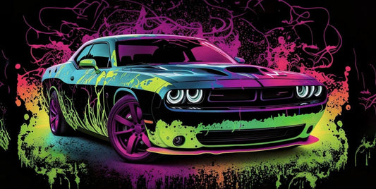 Challenger SRT Hellcat Neon Abstract Canvas Wall Art Great on a Garage, Wall Print, Super Sports Car, Office Sign, Framed Decor, Futuristic