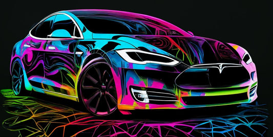 Tesla Model S Neon Canvas Art – Abstract Decor for Electric Car Enthusiasts