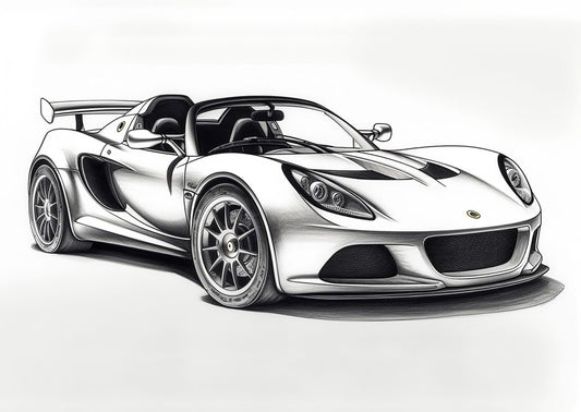 Lotus Exige Convertible Sketch – Grayscale Pencil Art, Monochrome Home Decor