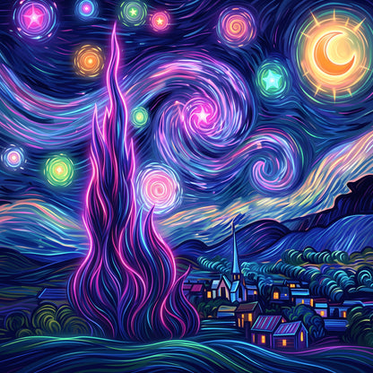 Swirling Starry Night Sky Over Sleepy Village Canvas Art | Dreamy Decor For Home | Starry Night, Village, Wall Art, Poster