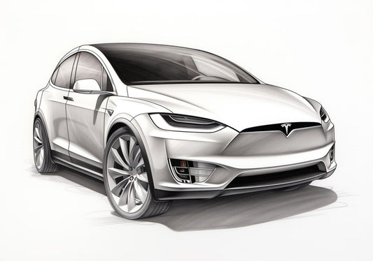 Tesla Model X Pencil Sketch – Grayscale Art Print on Premium Matte Paper
