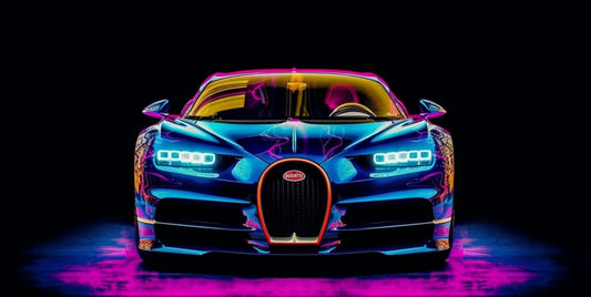 Bugatti Chiron Front View Canvas Art – Neon Abstract Colors, Decor for Car Lover