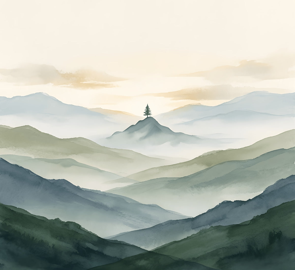 Layered Blue Green Mountain Ridges Dawn Canvas Wall Art | Serene Nature Decor | Landscape Art For Home Or Office
