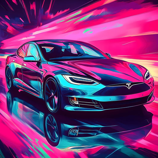 2026 Tesla Model S Neon Art | Canvas Print | Wall Decor - Canvas Art