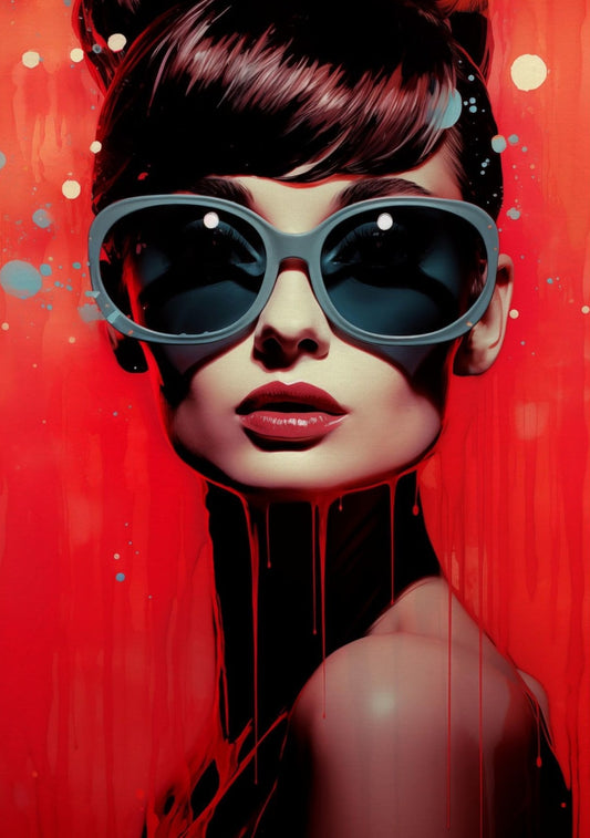 Audrey Hepburn Sunglasses Portrait – Red Background Iconic Vintage Decor