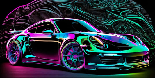 Porsche 911 Turbo S Canvas Art – Neon Abstract Sports Car Modern Print