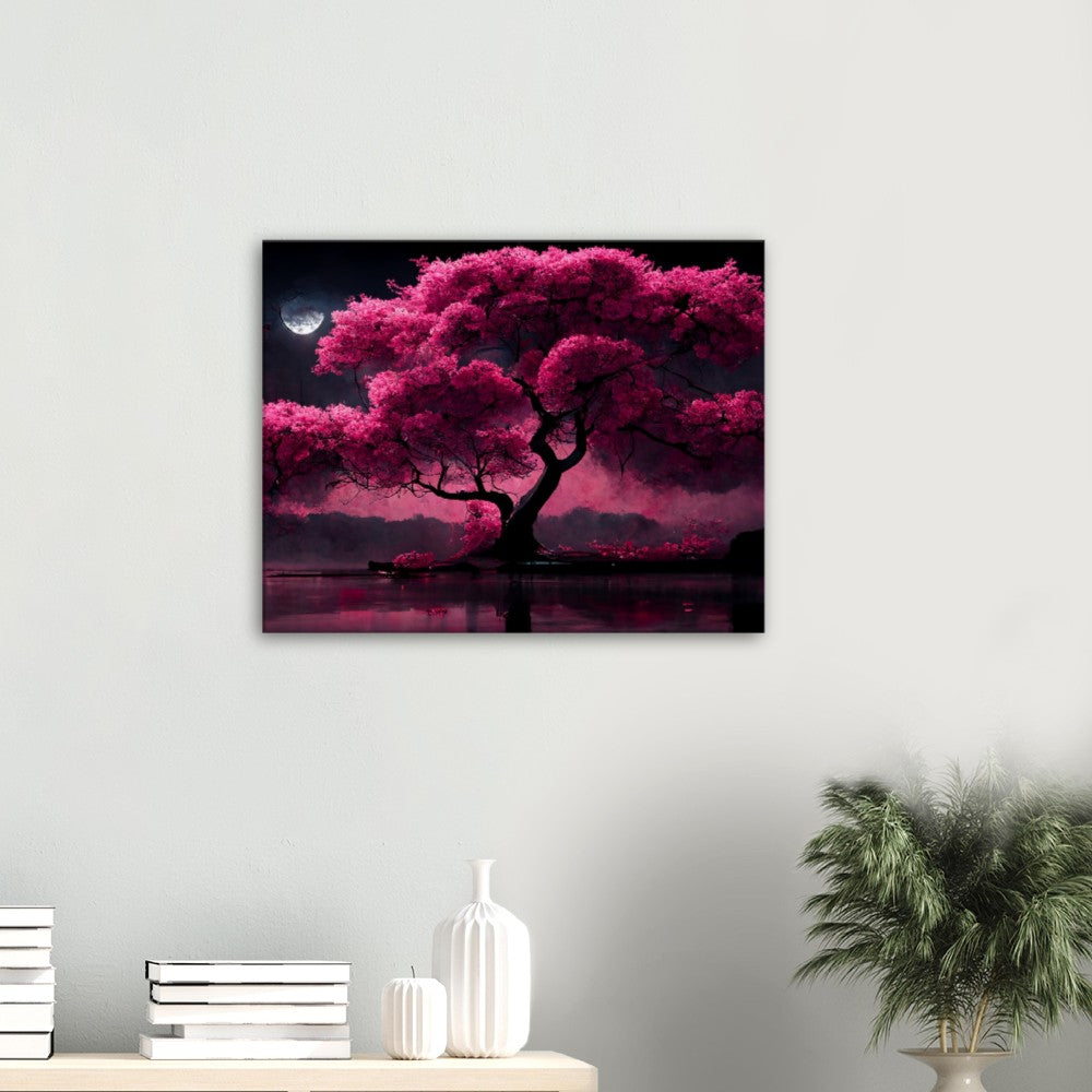 Cherry Blossom Lake Canvas: Japanese Moonlight Wall Art