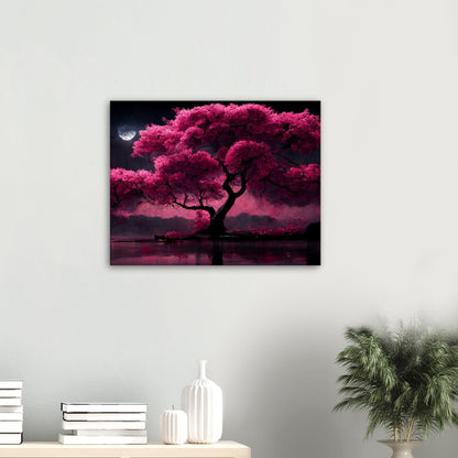 Cherry Blossom Lake Canvas: Japanese Moonlight Wall Art