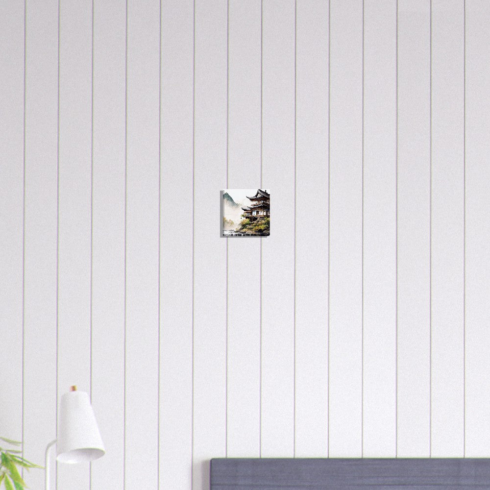 Japanese Mountain House Canvas Art: Island Waterfalls, Tranquil Lake