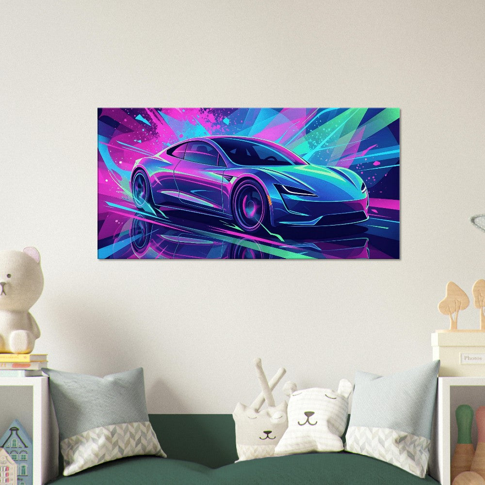 Tesla Roadster 2.0 Neon Art | Canvas Print | Wall Decor - Canvas Art