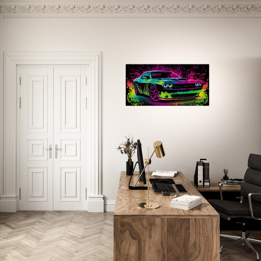 Challenger SRT Hellcat Neon Abstract Canvas Wall Art Great on a Garage, Wall Print, Super Sports Car, Office Sign, Framed Decor, Futuristic