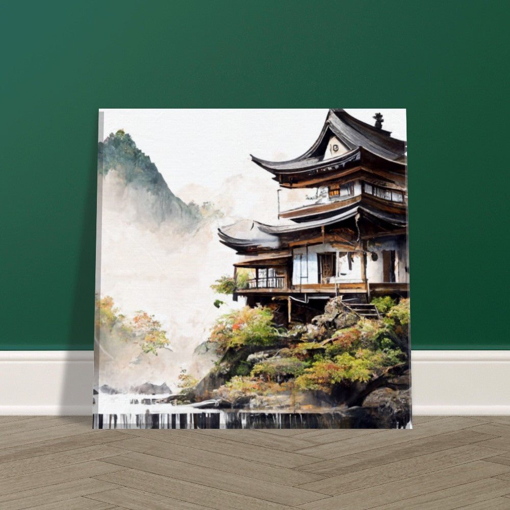 Japanese Mountain House Canvas Art: Island Waterfalls, Tranquil Lake