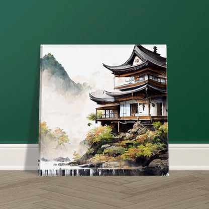 Japanese Mountain House Canvas Art: Island Waterfalls, Tranquil Lake
