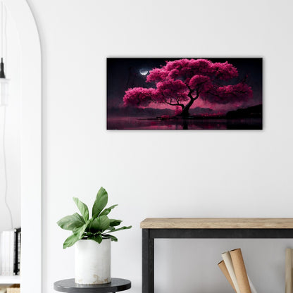 Cherry Blossom Lake Canvas: Japanese Moonlight Wall Art