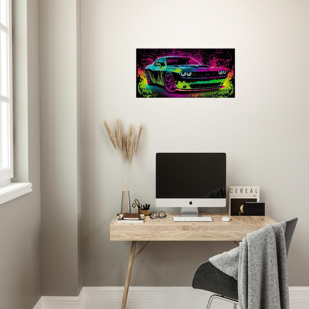 Challenger SRT Hellcat Neon Abstract Canvas Wall Art Great on a Garage, Wall Print, Super Sports Car, Office Sign, Framed Decor, Futuristic