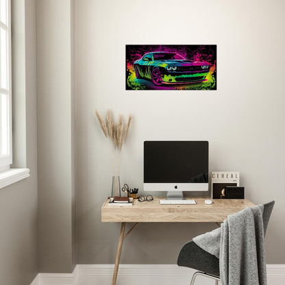 Challenger SRT Hellcat Neon Abstract Canvas Wall Art Great on a Garage, Wall Print, Super Sports Car, Office Sign, Framed Decor, Futuristic