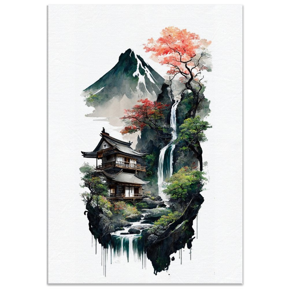 Japanese House Canvas Art: Mountain Waterfall Landscape Wall Decor