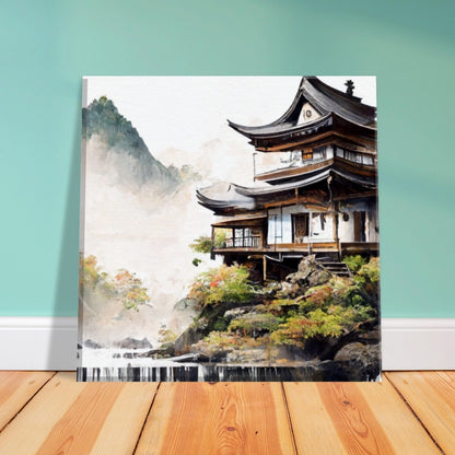 Japanese Mountain House Canvas Art: Island Waterfalls, Tranquil Lake