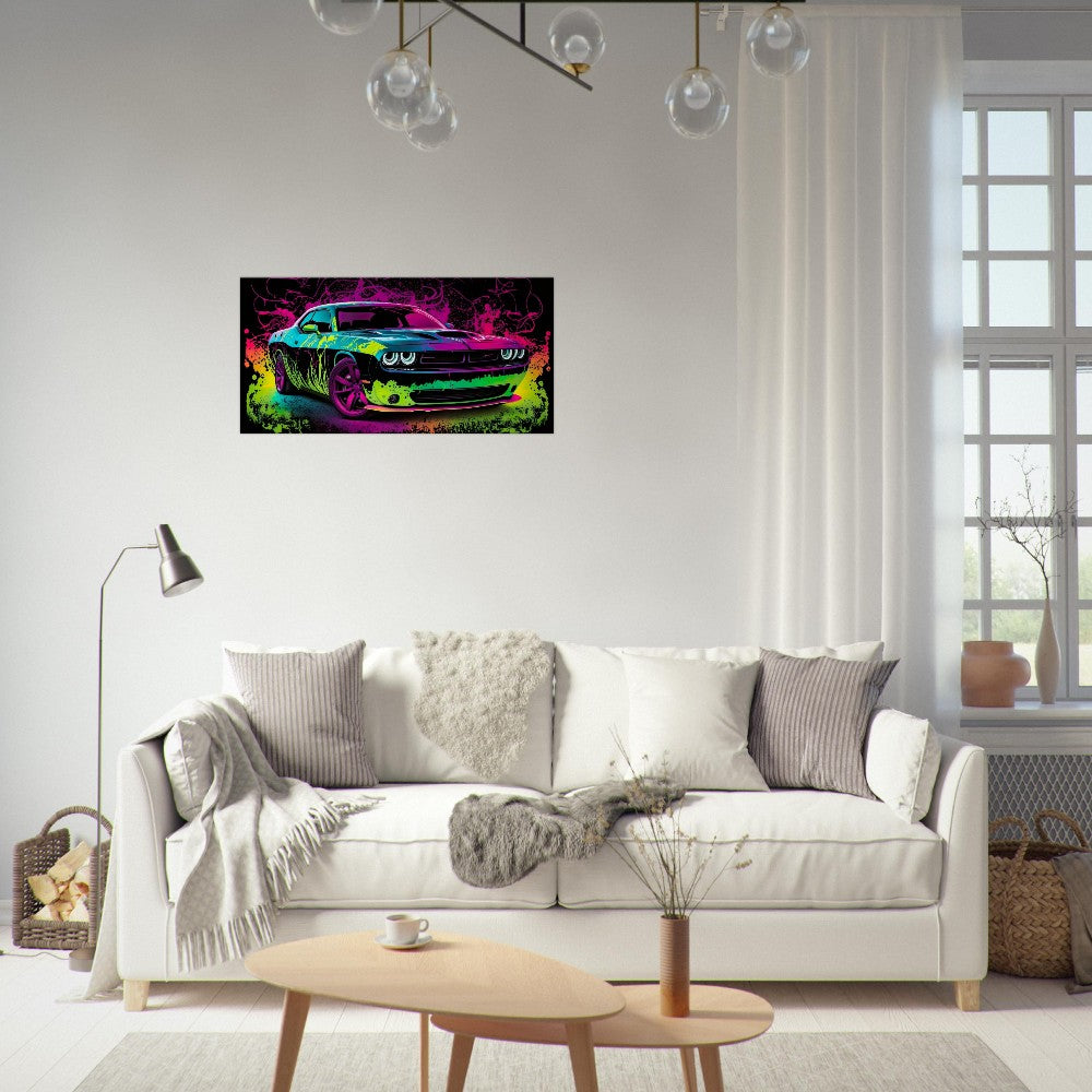 Challenger SRT Hellcat Neon Abstract Canvas Wall Art Great on a Garage, Wall Print, Super Sports Car, Office Sign, Framed Decor, Futuristic