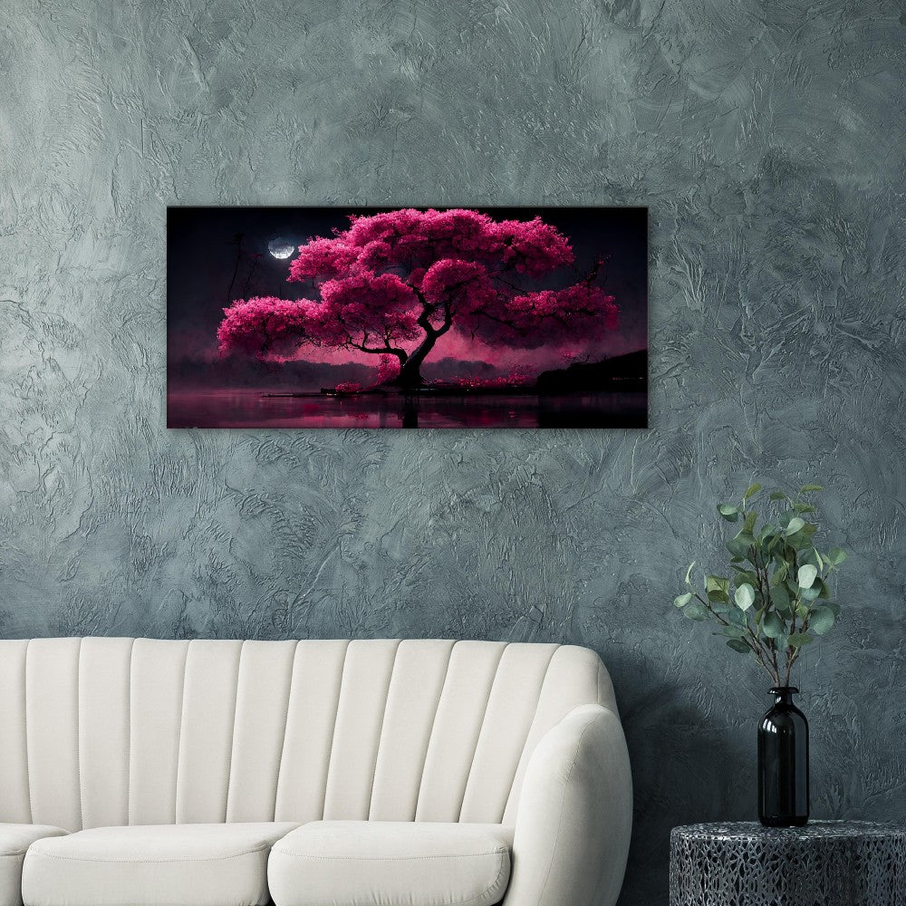Cherry Blossom Lake Canvas: Japanese Moonlight Wall Art