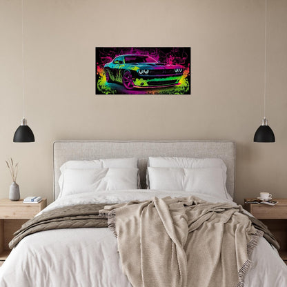 Challenger SRT Hellcat Neon Abstract Canvas Wall Art Great on a Garage, Wall Print, Super Sports Car, Office Sign, Framed Decor, Futuristic